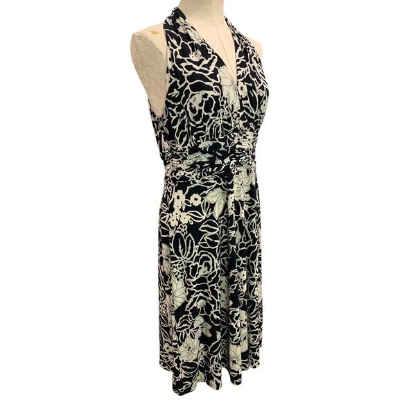 Size 12 Jones Wear Dress Black Ivory Print Pullover Stretch A-Line Midi - Picture 1 of 10